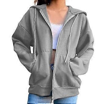 Hettejakke med snøring, lange ermer, lommer og glidelås, ensfarget høstgenser for kvinner (2XL grå)
