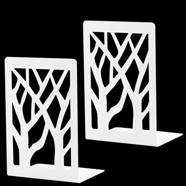 Metal Bookends, Pair, Heavy Duty, Non-Slip, Decorative Tree Design for Home, Office, Desk, White