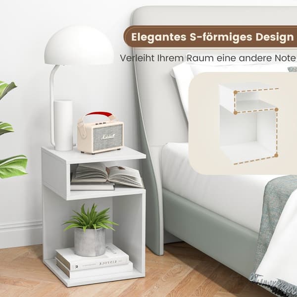 S-formet sidebord med 2 åpne rom, moderne nattbord 33 x 33 x 50 cm hvitt