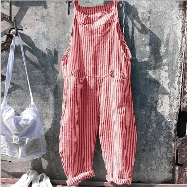 Dam Bomull Linne Randig Jumpsuit Overall Playsuit Röd Röd 2XL 2XL
