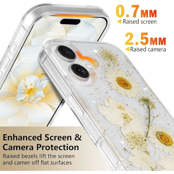 (Daisy) Blomsteretui til iPhone 16 Gennemsigtigt etui med ægte tørrede blomster, glitrende sødt blomsterdesign til kvinder og piger