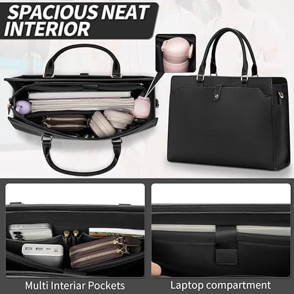 Women's Bag for 15.6-inch Laptop, Waterproof PU Leather, Multiple Compartments, Detachable Shoulder Strap, for Work and Office, Black