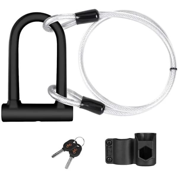 U-Lock Cykellås med 2 Nycklar och 1,2m Stålflexkabel + Rammonteringsfäste för Mountainbikes, Skotrar Säkerhetslås