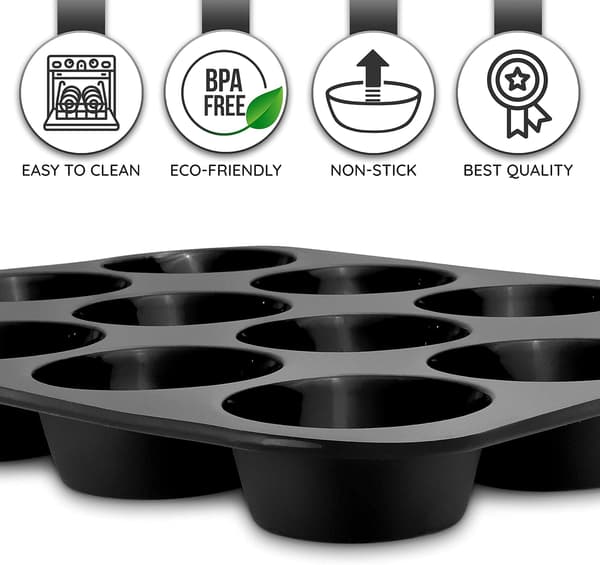 Silikone muffinsform med 12 huller | Non-stick muffinsforme til bagning | Perfekt gave til bagere | Tilbehør til hjemmekokke | Sort