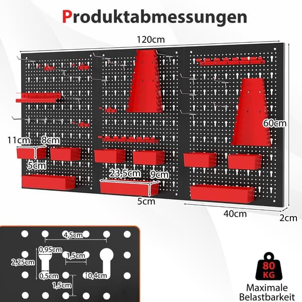 Metallinen työkaluseinä, jossa 9 säilytyslaatikkoa ja pidikettä, punainen