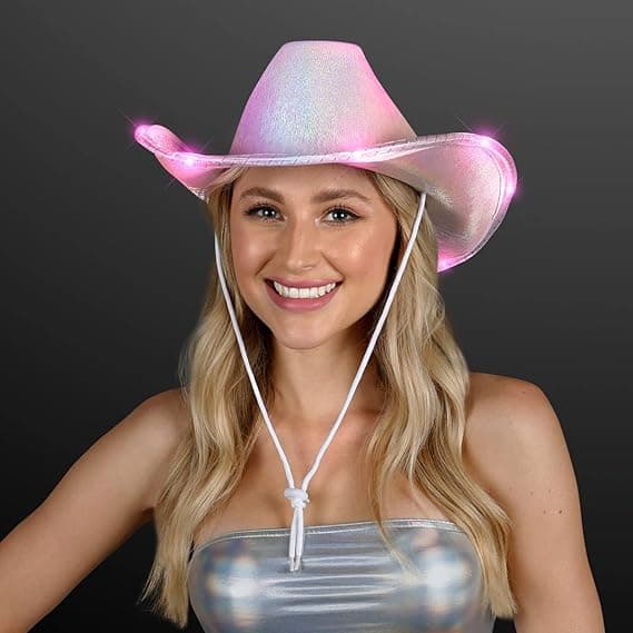 Lysende, skinnende lyserød rumhjelm, lysende cowboyhat