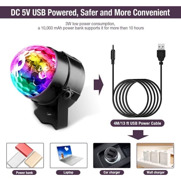 Festlig discolampe, discolyseffekter musikkstyrte, discolys med USB-kabel, 360° roterende partylampe med fjernkontroll