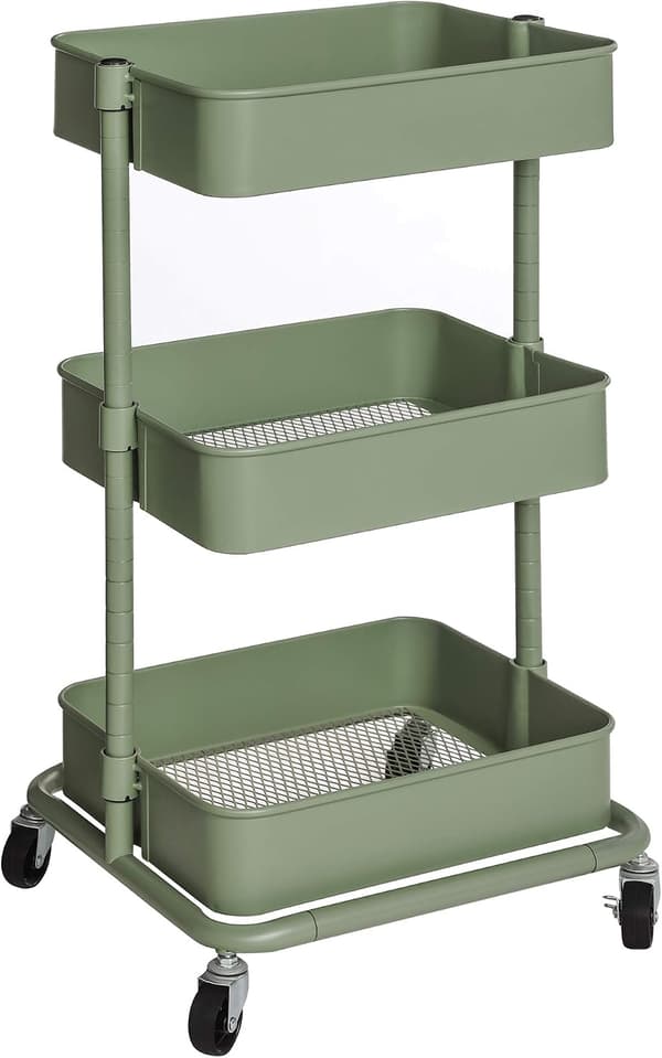 3-Tier Rolling Storage Cart with Height-Adjustable Shelves 2 Brakes Olive Green BSC060C01