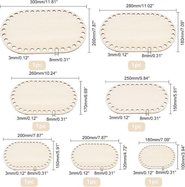7 storlekar Naturlig träkorgsbotten, oval vit solid virkad korgbotten