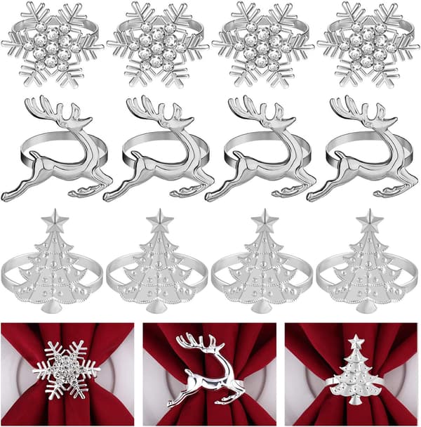 12 st Julservettringar, Julgransservettringar, Älgservettringar, Snöflingeservetthållare för Vintersemester
