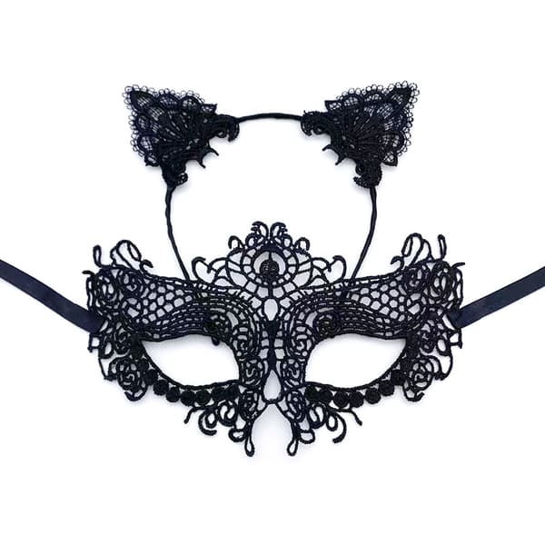 (Svart) Halloween Kvinnor Spets Halvmask med Kattöron Hårband