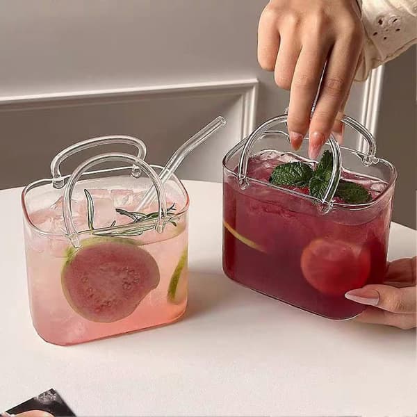 Cute Handbag Mug for Parties - Borosilicate Glass with Built-in Straw - for Summer Drinks and Home Decor A A