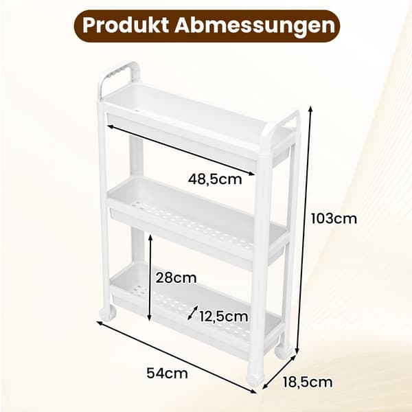 Smal 3-etasjers rullvogn med håndtak, hvit, 18,5 cm bred