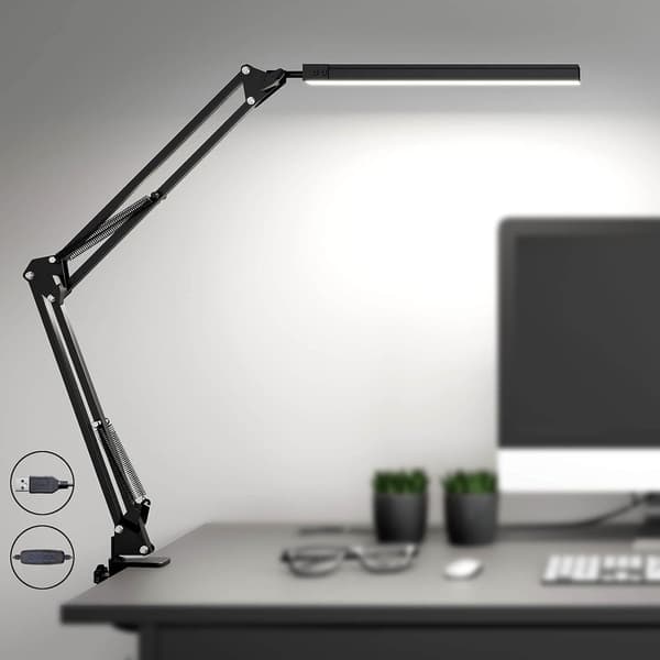 LED-skrivebordslampe med klemme, dimbar leselampe med øyebeskyttelse