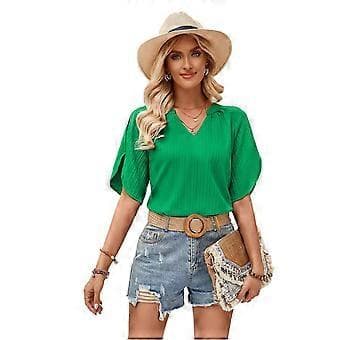 Kortermet V-hals Topp Dame Basic Oversize Uformell Løs Tunika Fest Bluse Topper Dame Sommerskjorte Sommerbluse (S Hvit)