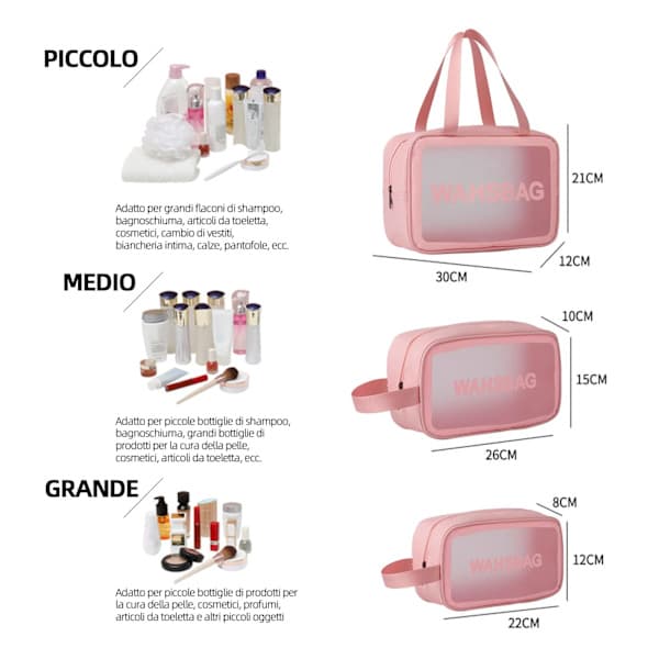 3-pack transparenta kosmetikväskor, necessär för transport av vätskor, transparent necessär, handbagage resetillbehör rosa pink