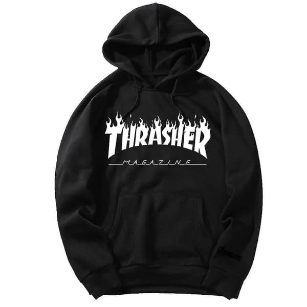 Unisex Thrasher Hættetrøje med bogstavtryk, sweatshirt med snøre og lomme sort 1 S