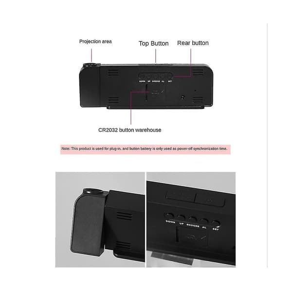 180° rotasjons projeksjonsklokke 12/24t LED digital klokke USB-lading tak