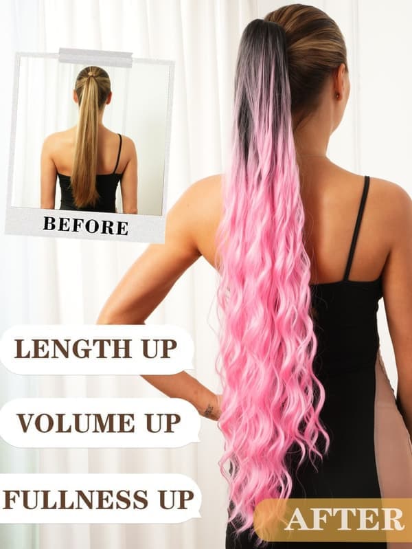 1 st Wrap Around Clip-in hästsvansförlängning syntetiskt hår, Water Deep Wave hästsvansperuk, gradient rosa, 33 tum, hög kvalitet