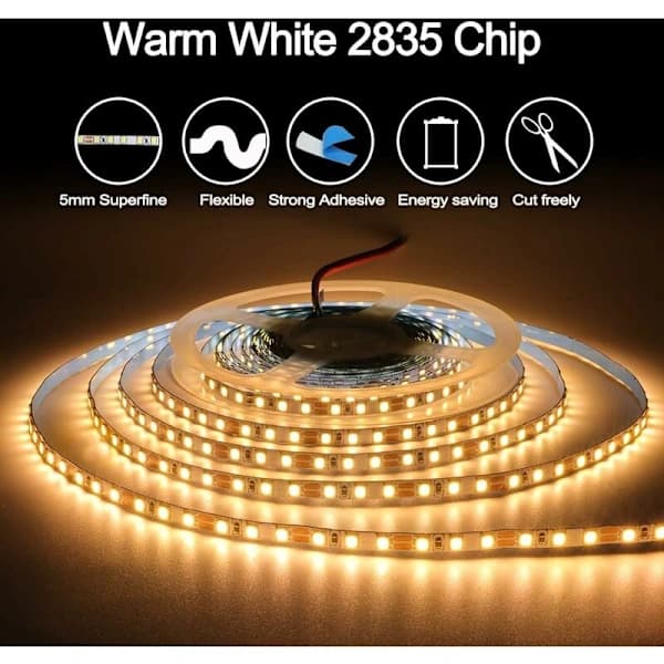 12V LED Strip Light 5M 3000K Warm White IP65 600 LEDs Cuttable for Bedroom Kitchen Garden Party Decor