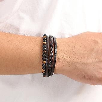 New Leather Braided Surfer Bracelet for Men with Tiger Eye Beads, Bangle, Gift (Black)
