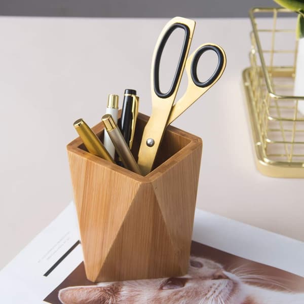 Penholder i bambustræ til skrivebord, geometrisk pennekop