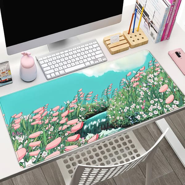 Sød Anime Blomstret Skrivebordsmåtte Salviegrøn Musemåtte 31,5'' X 15,7'' Gaming Musemåtte Kawaii Skrivebords Tastaturunderlag Laptop Computer