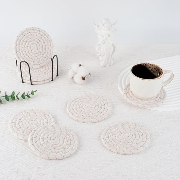 Drink Coasters with Holder, 8-Pack Cotton Coasters for Table Protection, Home Decor, Glasses, Cups, Housewarming Gift