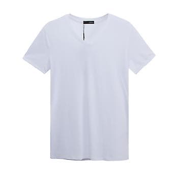 Fianao Herre Basic Topp i Plus Size, Sommer, Ensfarget, Kortermet, V-hals, Slim Fit T-skjorte (L Hvit)
