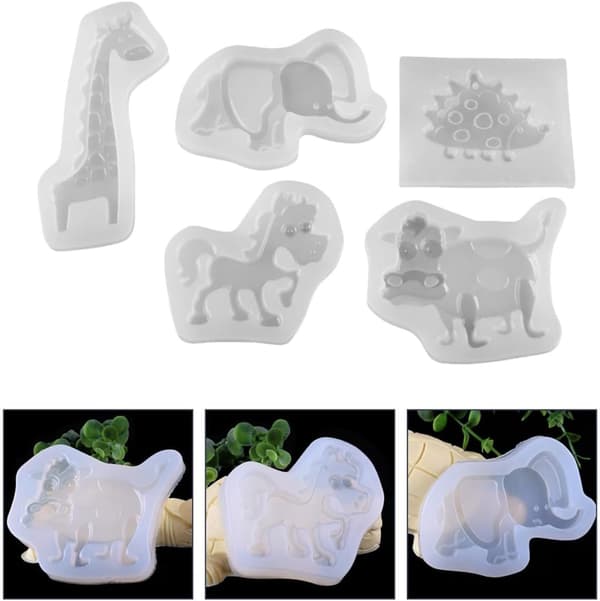 5 stk silikoneforme med dyremotiver, giraf, elefant, pindsvin, hest, ko