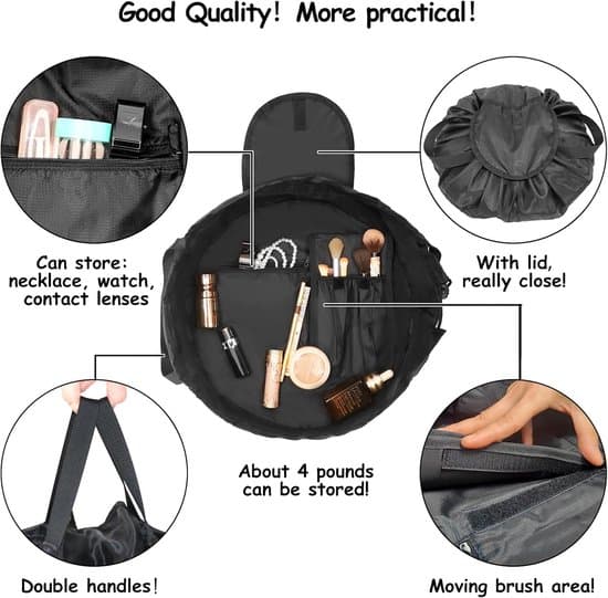 Drawstring Makeup Bag Compatible with Women - Travel Makeup Organizer with Brush Compartment - Black