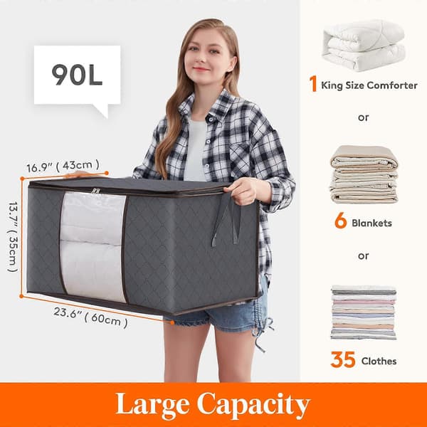 Large Capacity Clothes Storage Bag Reinforced Handle Thick Fabric for Comforters Bedding Foldable with Sturdy Zipper 3 Pack Grey