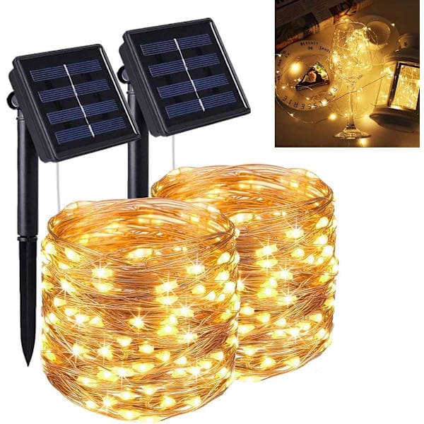 Udendørs solcellelamper, [2-pak] 12M 100 LED solcellelyskæder, 8 tilstande vandtæt kobbertrådslys, til have, balkon, terrasse