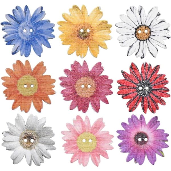 50 Knapper 25 mm Daisy Træblomst Træknapper Blandede Tilfældige Mode Syning Scrapbog Dekoration DIY Håndværk Tilbehør