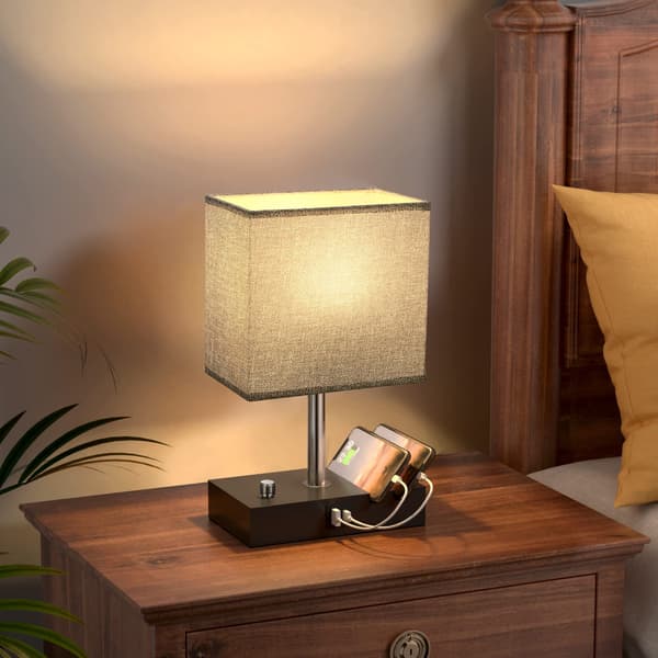 Fully Dimmable Bedside Lamp with USB A+C Charging Port, Phone Holder with Grey Fabric Shade, LED Bulb Included