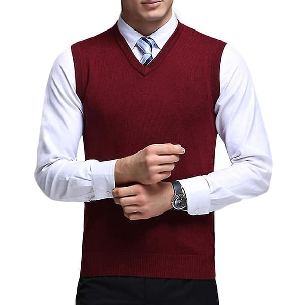 Solid Knitted V-neck Men's Casual Autumn Vest L Red