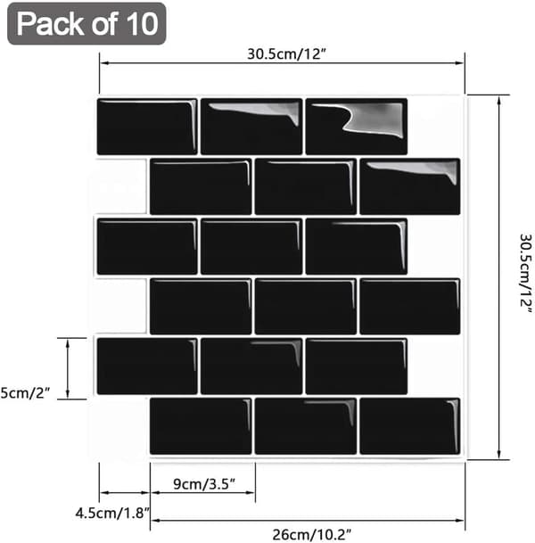 Peel and Stick Flise Backsplash til Køkkenvæg, 10-Ark Sort Subway Køkken Backsplash Fliser (12\"×12\")
