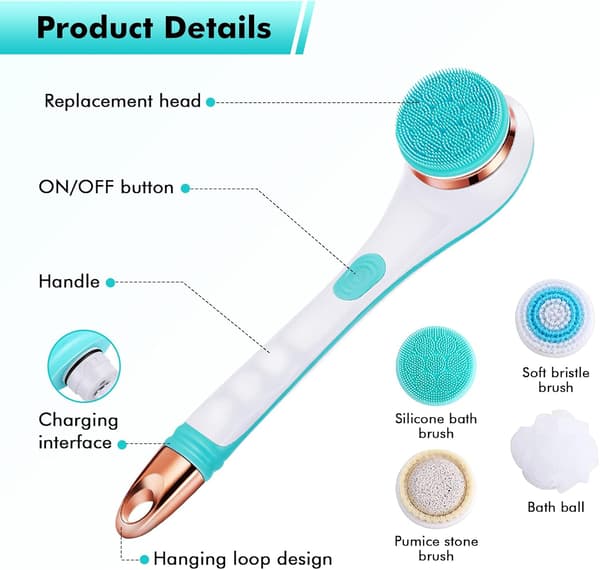 Back Scrubber Body Brush, Electric Body Scrubber Set, Back Scrubber for Use in Shower, USB Rechargeable Back Brush Shower Brush
