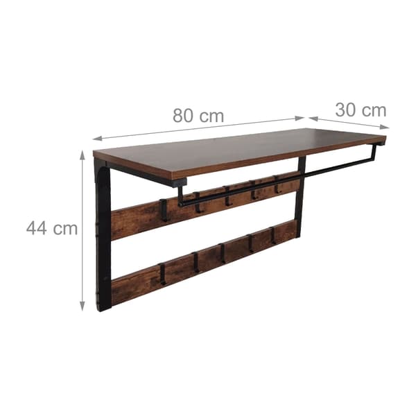 Wall-mounted coat rack with 10 hooks and shelf