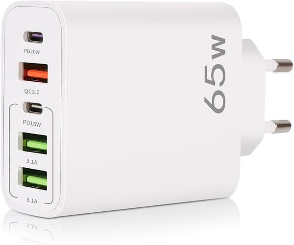 65W 5-ports USB C-oplader med QC 3.0, hurtig vægoplader til iPhone og Android