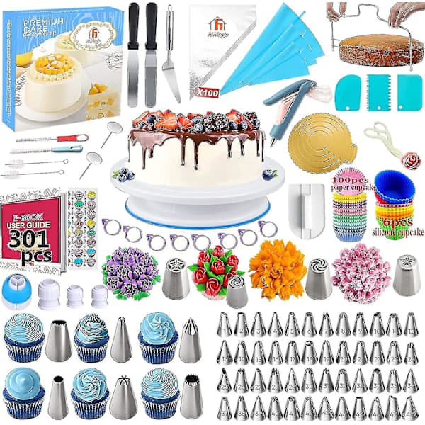 Professional Baking Set 301 Pieces, Cake Stand, Pastry Nozzles, Piping Bag, Cake Decorating Set for Icing