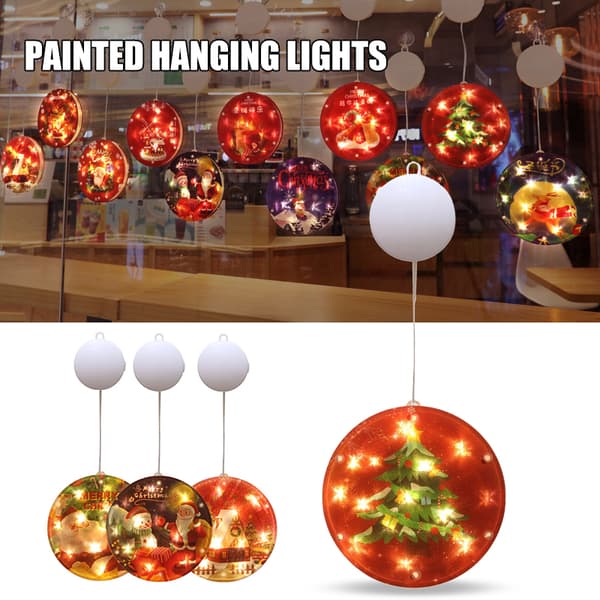Christmas LED Lights Cartoon Printed Hanging Window Lamp Always On Decorative Christmas Theme Night Light for Home Party E E