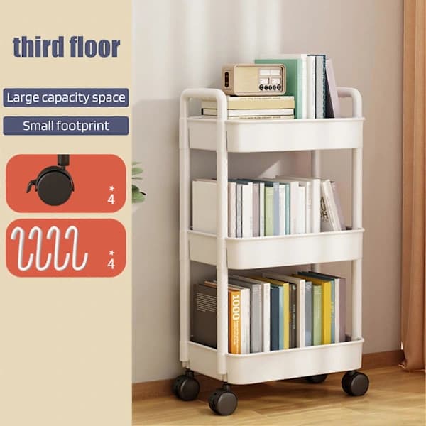 Storage Rack 3-Tier Rolling Cart with Wheels, Sturdy Construction, Large Capacity, Strong Load-Bearing, Mobile Shelf Cart, Bookshelf Black
