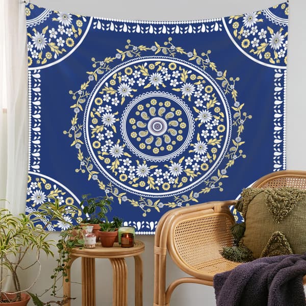 150×200cm Bohemsk Tapet - Blå Blomstret, Dekorativ Tapet