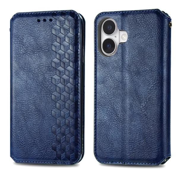 iPhone 17 Etui Læderetui med Kubisk Ternmønster og Magnetisk Lukning Blå Blå Blå