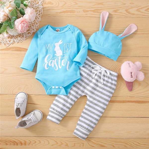 Baby Easter Outfit Long Sleeve Bunny Romper Pants Rabbit Ear Hat 9-12M