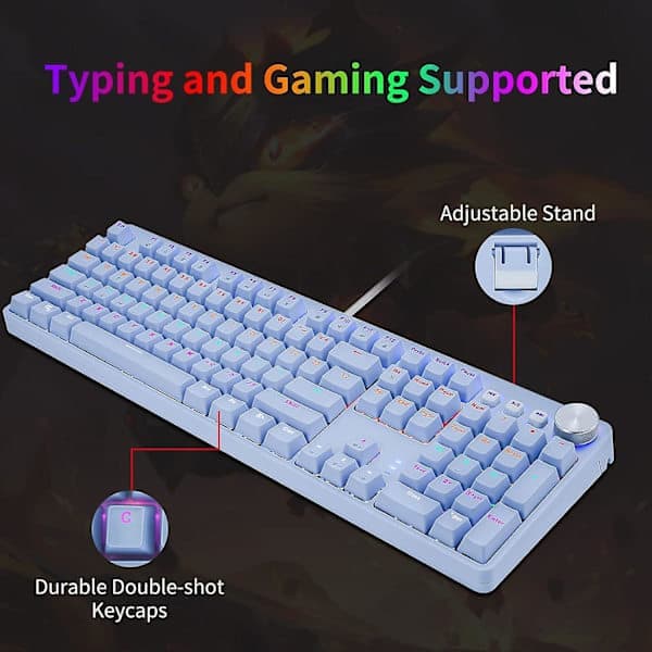 Mechanical Gaming Keyboard with Red Switches, USB Wired RGB Rainbow LED Backlit Keyboard with 108 Keys and Multimedia Controls