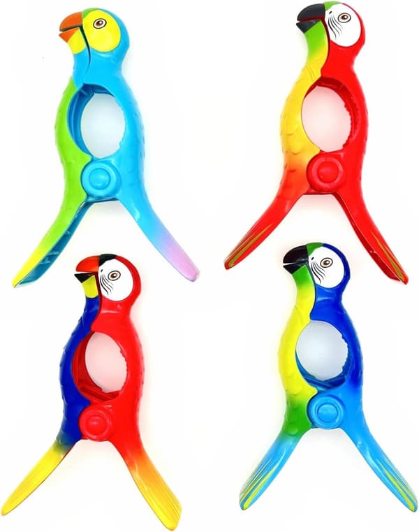 4x papukaijatyyliset uutuusrantapyyheklipsit aurinkotuoleille, suuret aurinkotuolipyyheklipsit, rantapyyheklipsit rantapöydille