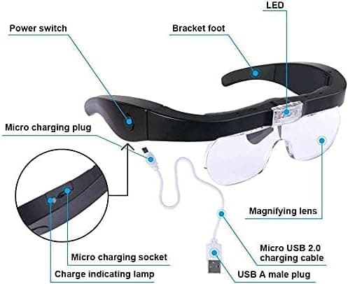 Headsetförstoringsglas med 2 LED-lampor, USB-laddning, handsfree, glasögon
