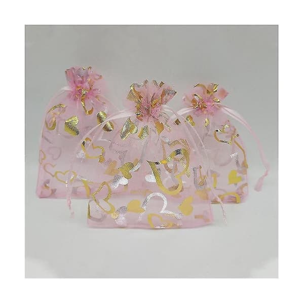 200 stk 9x12cm Hjerteformede Lyserøde Organza Smykkeposer